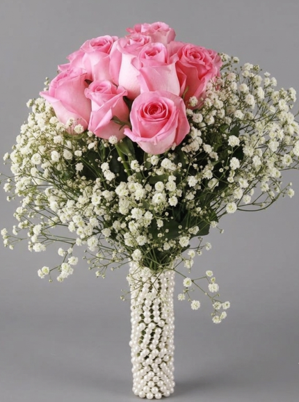 Pink Roses White Baby’s Breath  Bouquet