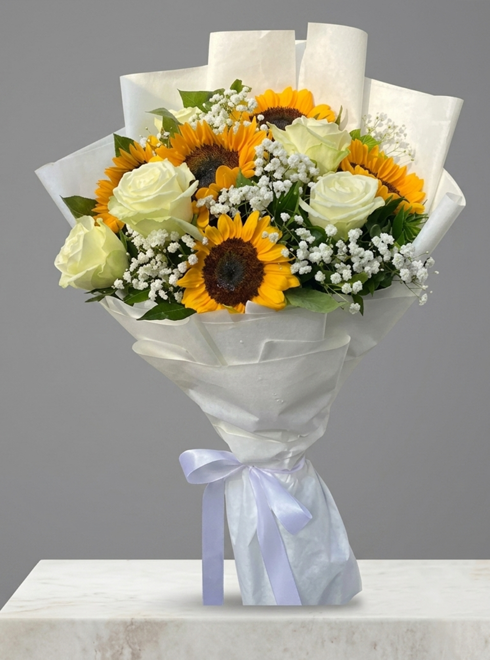 Sunflower & White Rose Bouquet