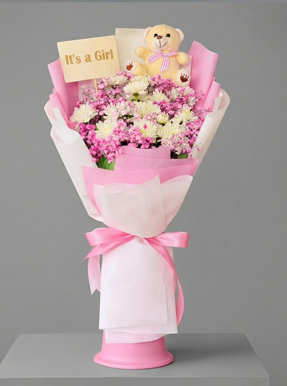 Baby Girl Flower & Teddy Celebration Bouquet Baby Girl Flower & Teddy Celebration Bouquet