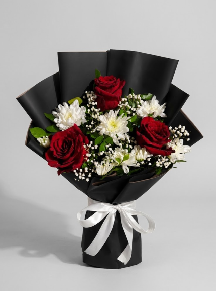 Red Rose & White Flower Bouquet